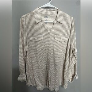 Croft and Barrow 3/4 Length Brown and Cream Pull Over Shirt XL Cotton Polyester